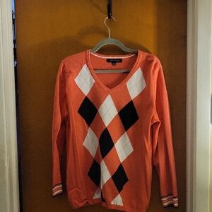 Tommy Hilfiger Coral and Black Argyle V-Neck Sweater
